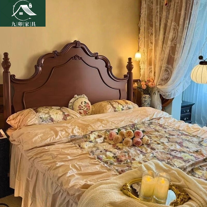 American Retro Anna Wooden Bed, Antique Style 1.8 Master Bedroom Double Bed, Modern Simple Accessible Luxury 1.5 Wedding Bed Solid Wood Bed