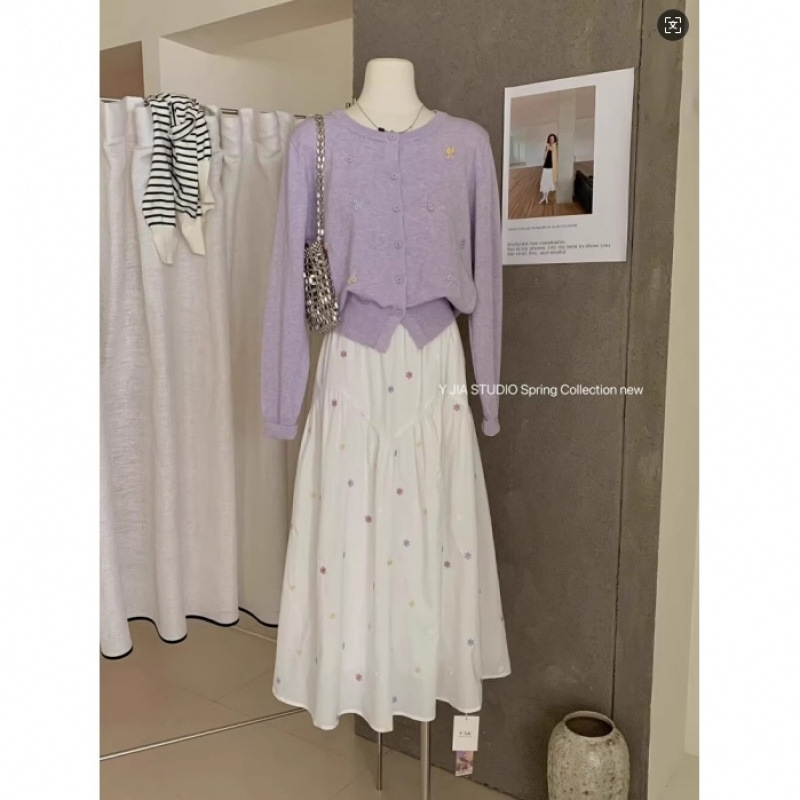 韓系優しくて甘い気質刺繍蝶結びニットカーディガン刺繍A字ゆったりスカートセット女性春|undefined