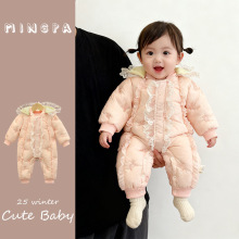 婴儿冬季羽绒服女宝宝连体衣冬装白鸭绒加绒加厚保暖爬服冬款衣服