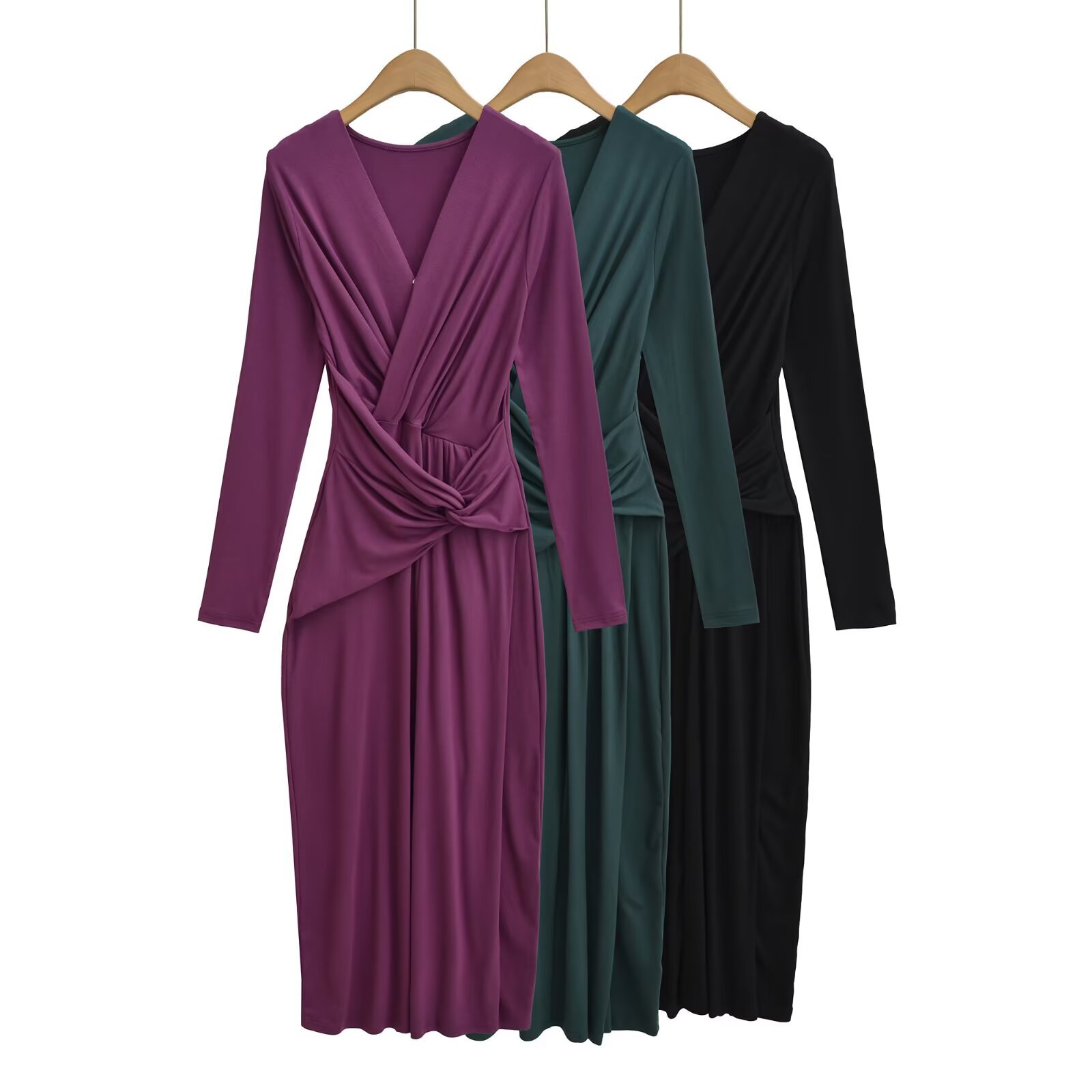 2025秋季新品包臀裙不规则扭结气质长袖V领连衣裙收腰法式御姐风