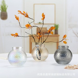 日式锤纹玻璃花瓶炫彩大肚圆球家居软装冰球摆件源头工厂一件代发