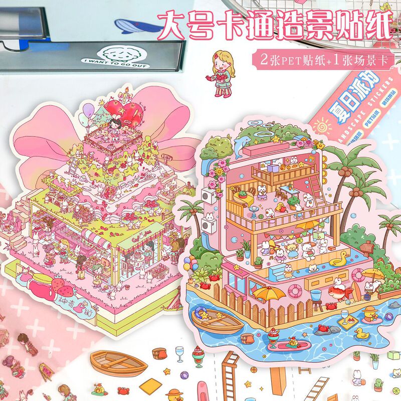 Extra Large Cute Landscaping Stickers for Kidsren DIY Handmade Collage Immersive Stickers Stereo Cabin Miniature Scenes