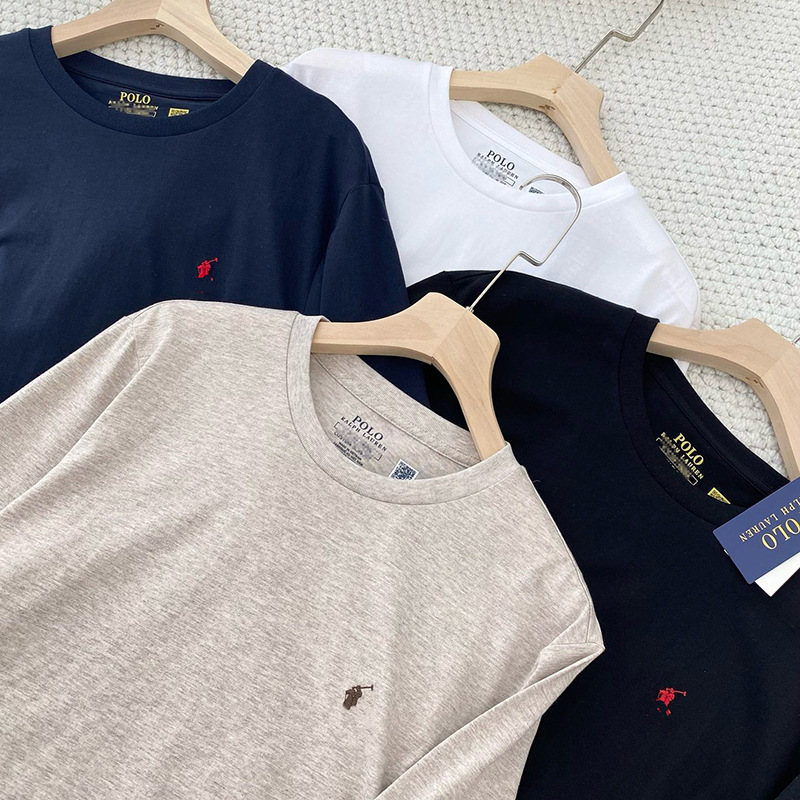 Hot-Selling Foreign Trade Popular Rl Men's 100% Cotton T-Shirt Long-Sleeve with Qr Code, Crew Neck, Autumn and Winter Base Shirt