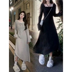 韩版法式收腰显瘦复古长袖连衣裙女名媛气质高级感秋冬季内搭长裙