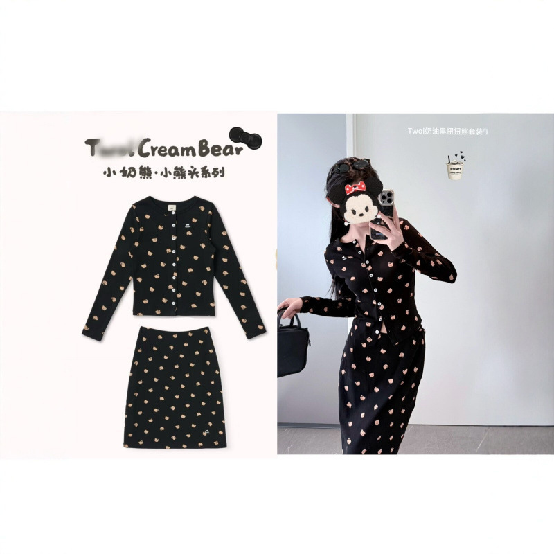 Twoi Cream Black Bear Head Knitted Set for Women, Long-Sleeve Cardigan and Skirt Two-Piece Set, Korean Sweet Style, New Arrival
