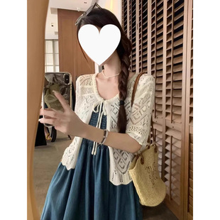 Plus Size 150kg French V Neck Cut Out Lace-Up Short-Sleeved Knitted Cardigan for Women Summer Loose Layered Blouse Jacket