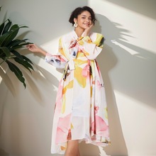 跨境复古设计感印花雪纺度假裙甜美蝴蝶结领修身长款礼服连衣裙女