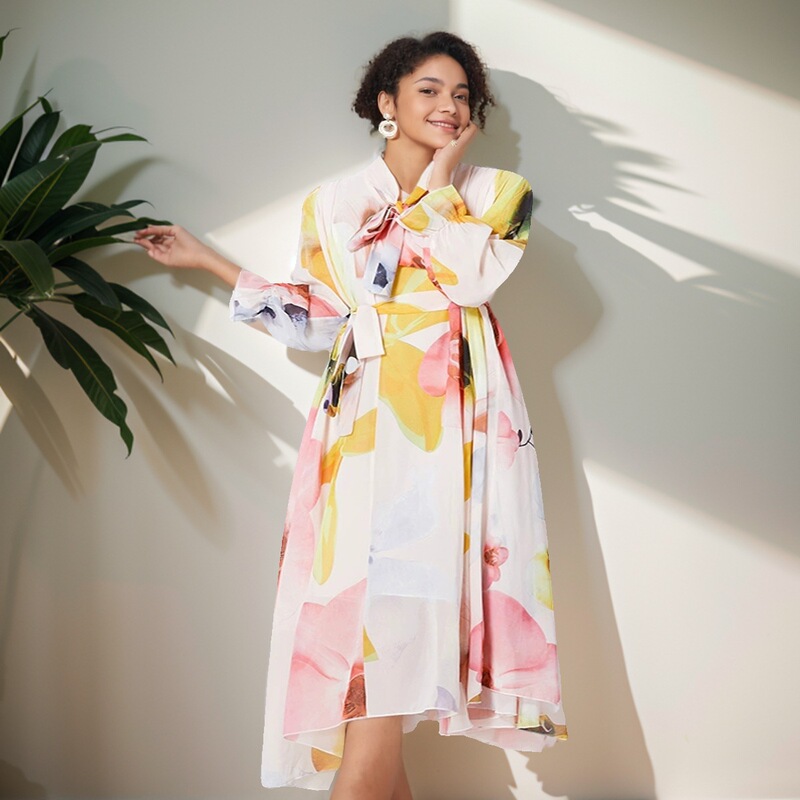 Cross-border Retro Design Sense Printed Chiffon Vacation Dress Sweet Bow Collar Slim-fit Long Dress dress Women Cross-border Retro Design Sense Printed Chiffon Vacation Dress Sweet Bow Collar Slim-fit Long Dress dress Women