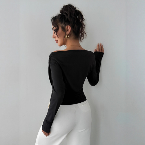 European and American cross-border 2025 autumn and winter new solid color fashion off-shoulder collar off-shoulder slim long sleeves versatile commuter top