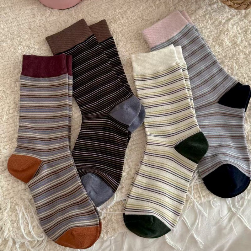 Contrast Color Striped Slouch Socks for Women Mid-Calf Socks Ins Trendy Cotton Socks Summer Thin Japanese Retro Sports Long Socks