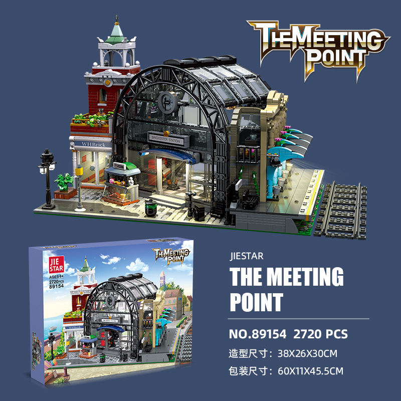 Jiexing 89154 Simulación de la estación de intersección de trenes Retro Street View Building Building Block MOC Light Toys Transfronterizo