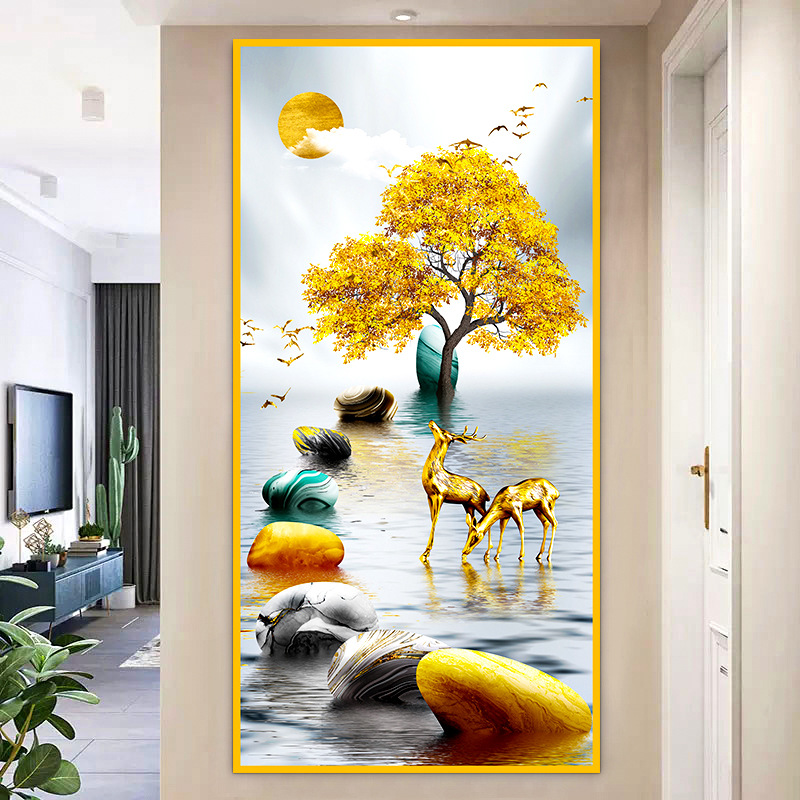 Pintura de entrada de pintura tradicional china Pintura de decoración del pasillo frente a la puerta Pasillo de nueve peces Pintura colgante de fondo de lujo ligero Pintura mural