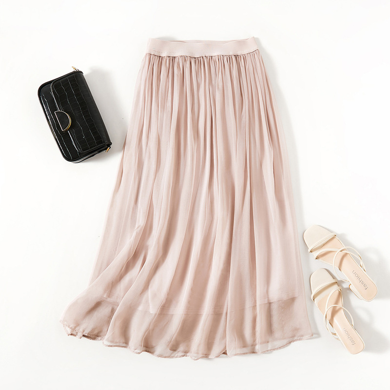 Silk Solid Color Skirt Women's Spring and Summer High Waist Slimming A- Shaped Long Skirt Mulberry Silk Large Swing Skirt 81118