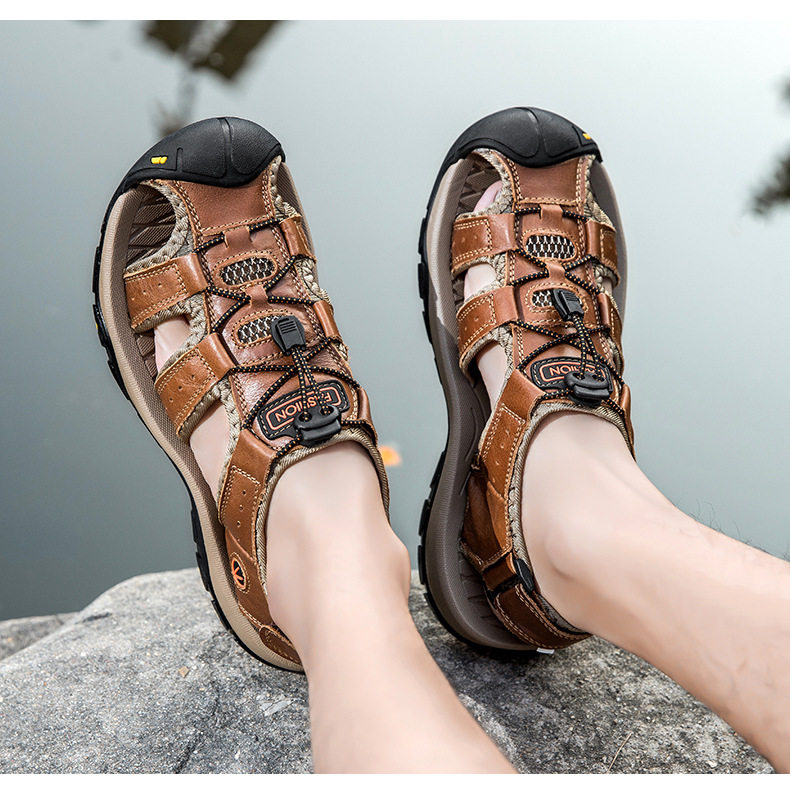 Dép sandal nam da thật quai ngang may thủ công chống trượt, cỡ lớn đến 48 — 7239 Xanh quân đội, 7239 màu xanh lam, 7239 màu đen, 7239 nâu sẫm chi tiết 14