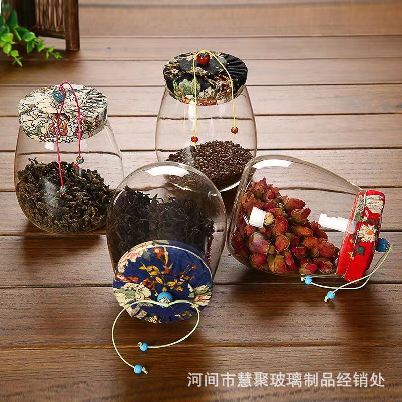ガラス製茶瓶、レトロな布蓋付き密封瓶、保存瓶、キャンディー・穀物収納瓶、バラの花茶瓶、ギフト|undefined