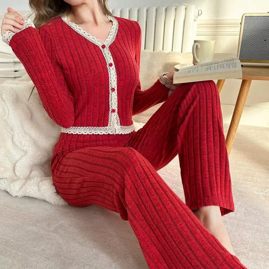 亚马逊热卖款温柔风复古蕾丝边开衫新款2024春秋双长女士睡衣套装