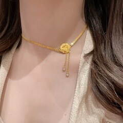 绸缎拉丝金色蕾丝花边玫瑰花流苏项链高级感米兰尼斯锁骨链气质颈