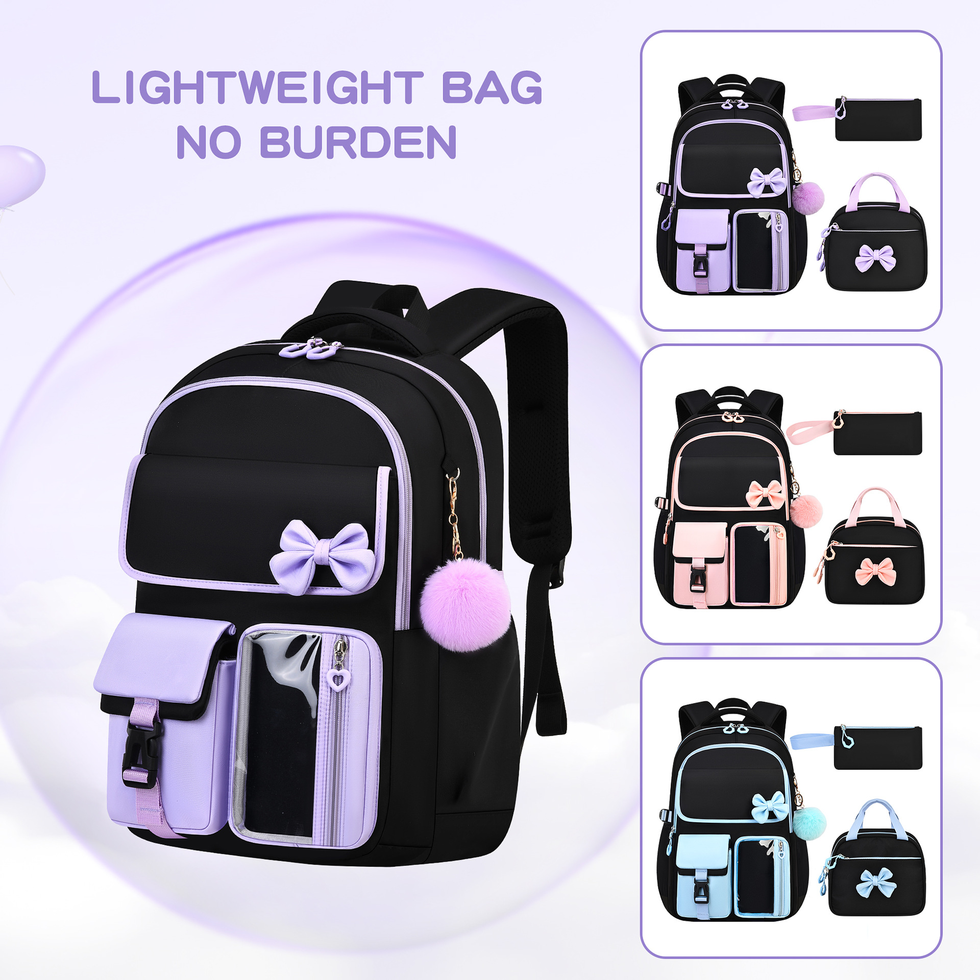 Amazon Best-selling High-capacity Bow Tie Three-piece Set Schoolbag for Girls, Junior and Senior High School and College Students, Backpack