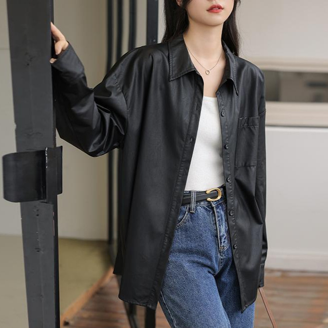PU leather retro long-sleeved shirt women's autumn and winter new Korean-style high-end casual elegant coat top