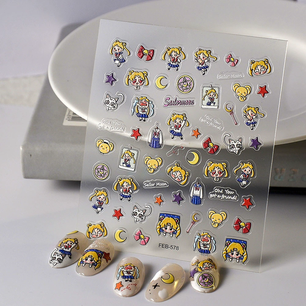 Тисненая Дева воин стикер для дизайна ногтей мультфильм милое сладкое прохладное сердце Вода лед луна гвоздь декоративная наклейка маленький узор