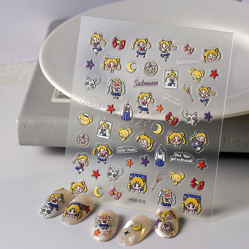 Embossed girl warrior nail stickers cartoon cute sweet cool heart water ice moon nail decoration decals small pattern