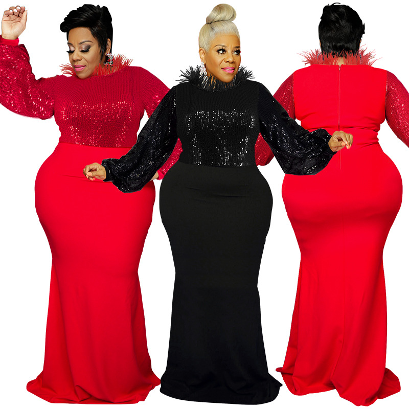 21897 cross-border Europe and the United States large size women's clothing 2021 Winter new bump bead sleeve women's dress Amazon New