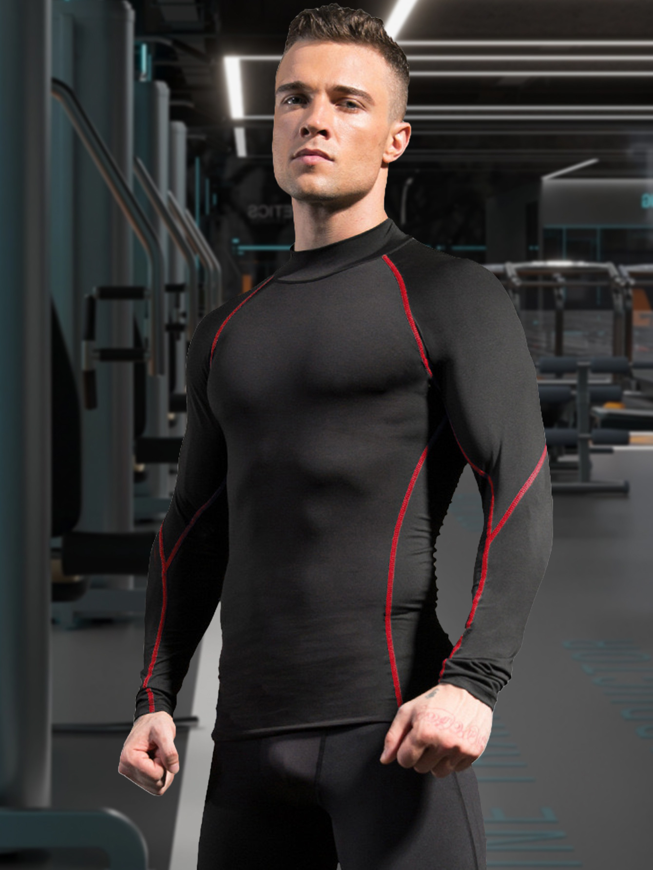 Ropa de fitness de cuello alto de código de belleza Camiseta de secado rápido elástica de manga larga para hombres Ropa para correr Entrenamiento de baloncesto Top de deportes al aire libre