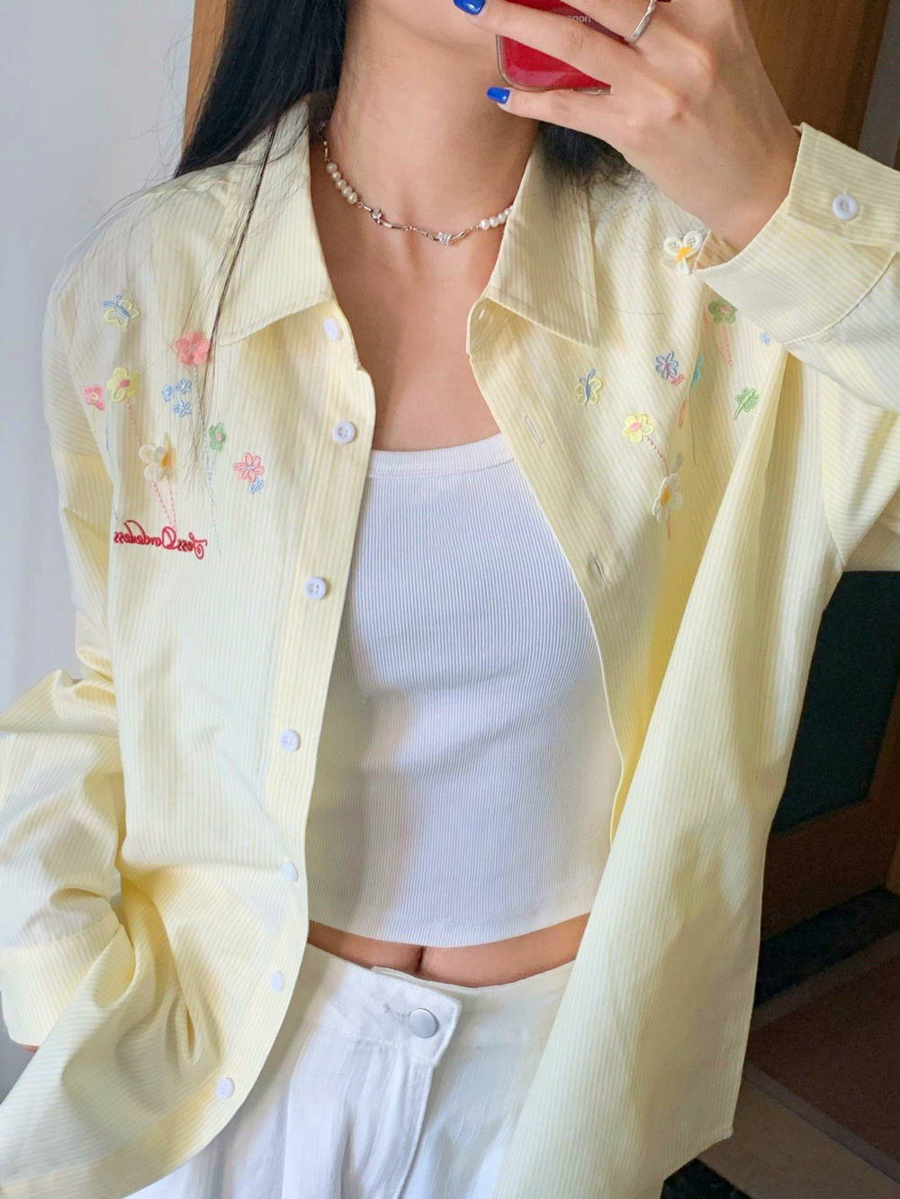 Camicia a righe da donna con ricamo giacca casual a strati_voghion.com