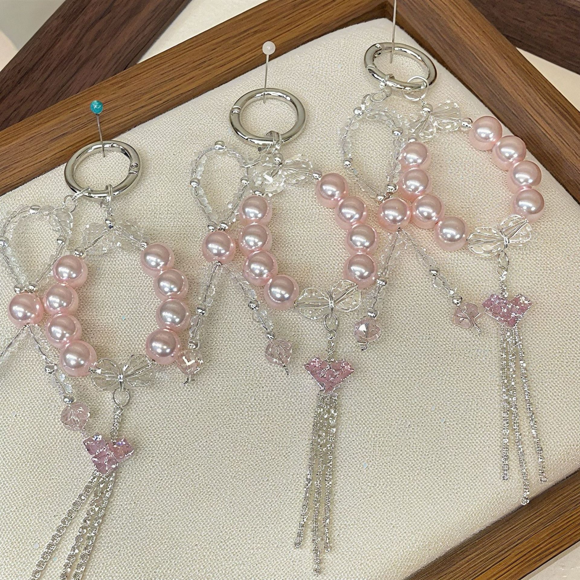 Exquisite Pink Zirconium Heart Tassel Pendant Pearl Mobile Phone Chain Original Mobile Phone Pendant Bag Pendant Anti-Lost Keychain