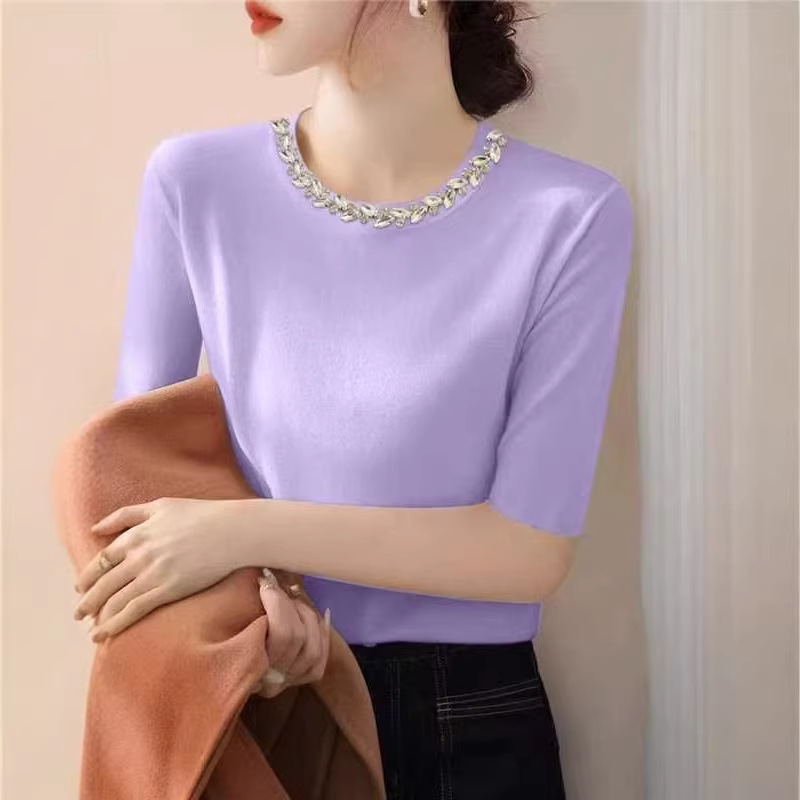 Áo thun cổ tròn ngắn tay nữ phối đính cườm phong cách Hàn Quốc — đen chi tiết 2