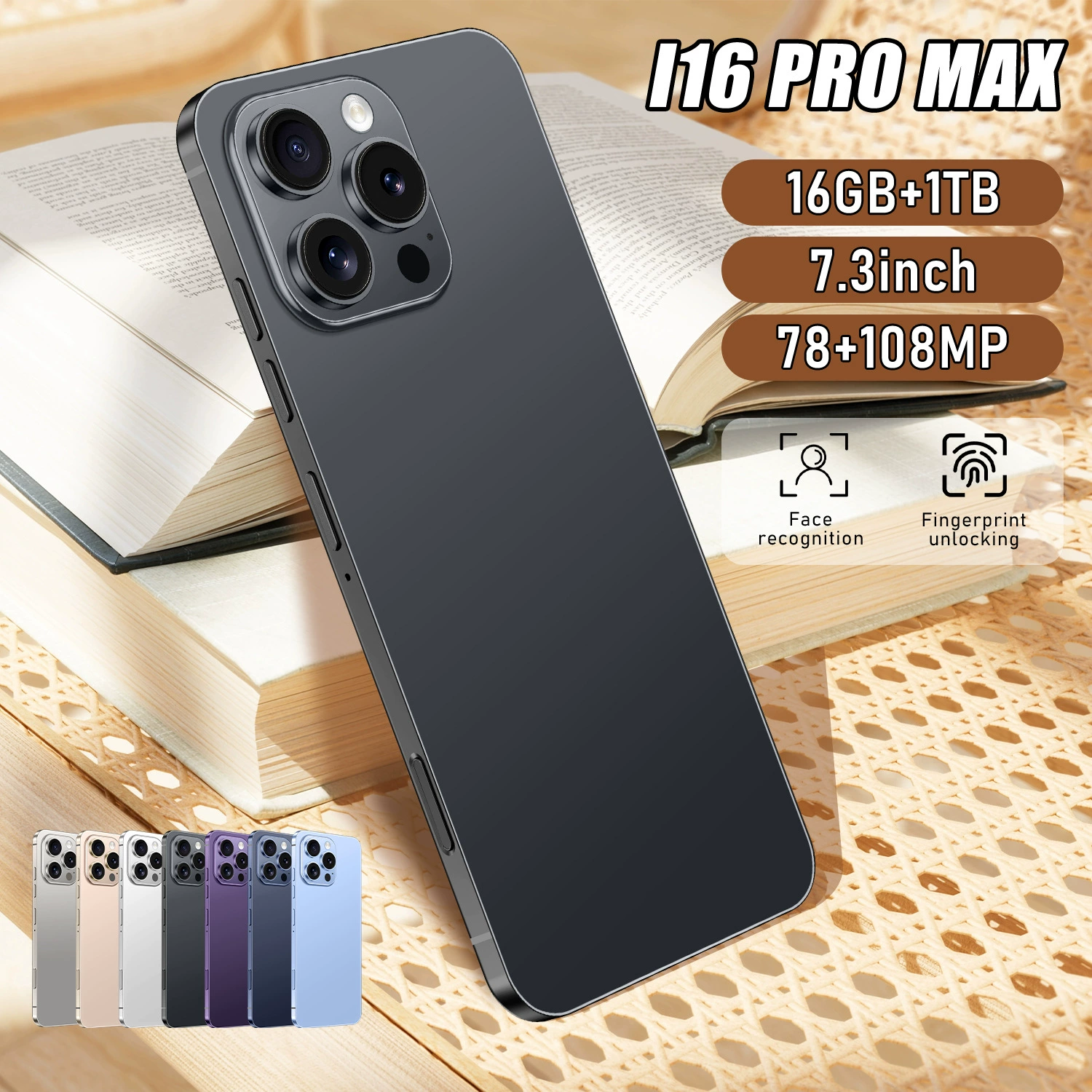 Smartphone i16pro max, 7.3‑inch large screen, Android 14, 4+128, octa‑core, 4G