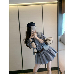 早秋时尚格纹纽扣长袖衬衫百褶连衣裙+帽子披肩两件套装女