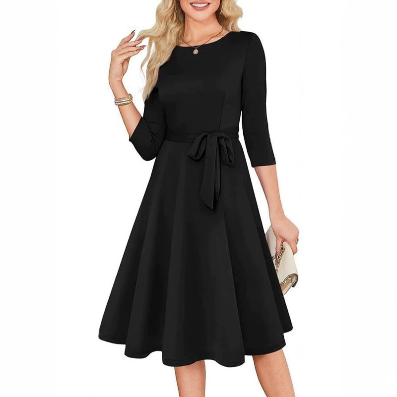 New cross-border ready-to-ship solid color cocktail dress with 7/8 sleeves, vintage wedding guest style, elegant round-neck women's dress
