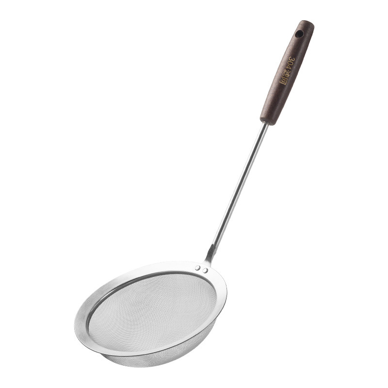 304 colador de acero inoxidable mango de madera malla densa tamiz de aceite cuchara de aceite frito sopa de aceite separación leche de soja olla caliente cuchara de espuma