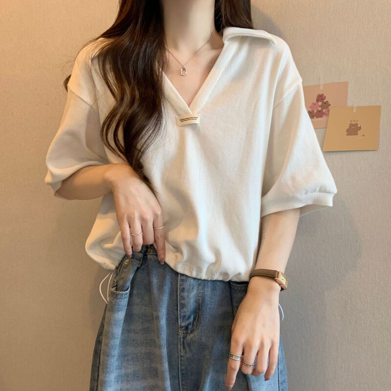 POLO Collar Short-sleeved T-shirt Women's Summer Ins Fashionable Loose Slimming Western Style Age-reducing Short V-neck Half-sleeved Top