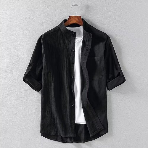Wholesale Cross-border Men's Linen Short-Sleeve Shirts Men's Seven-Sleeve Cotton-Linen Stand Collar Blouses
