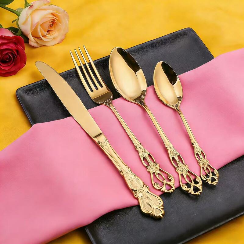 Cross-Border 410 Stainless Steel Royal Court Knife, Fork, and Spoon Set with Vintage Embossed Hollow Design for Western-Style Steak and Dessert Cross-Border 410 Stainless Steel Royal Court Knife, Fork, and Spoon Set with Vintage Embossed Hollow Design for Western-Style Steak and Dessert