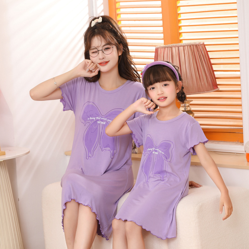 儿童莫代尔短袖裙夏季薄款冰爽透气女童家居裙中大童亲子款睡衣