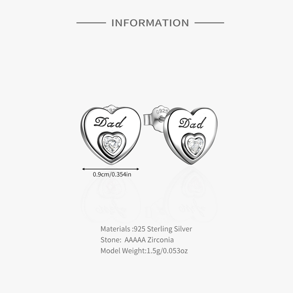 4g Weight Zircon Inlay Material Ear Studs Classification 1 Pair Quantity Daily, Festival Occasion 925 Sterling Silver Material Mother'S Day Festival Letter, Heart Shape Pattern Women's Gender Plating, Inlay Design Simple Style Style 1 Pair 925 Sterling Silver Zircon Letter Heart Shape Ear Studs 7