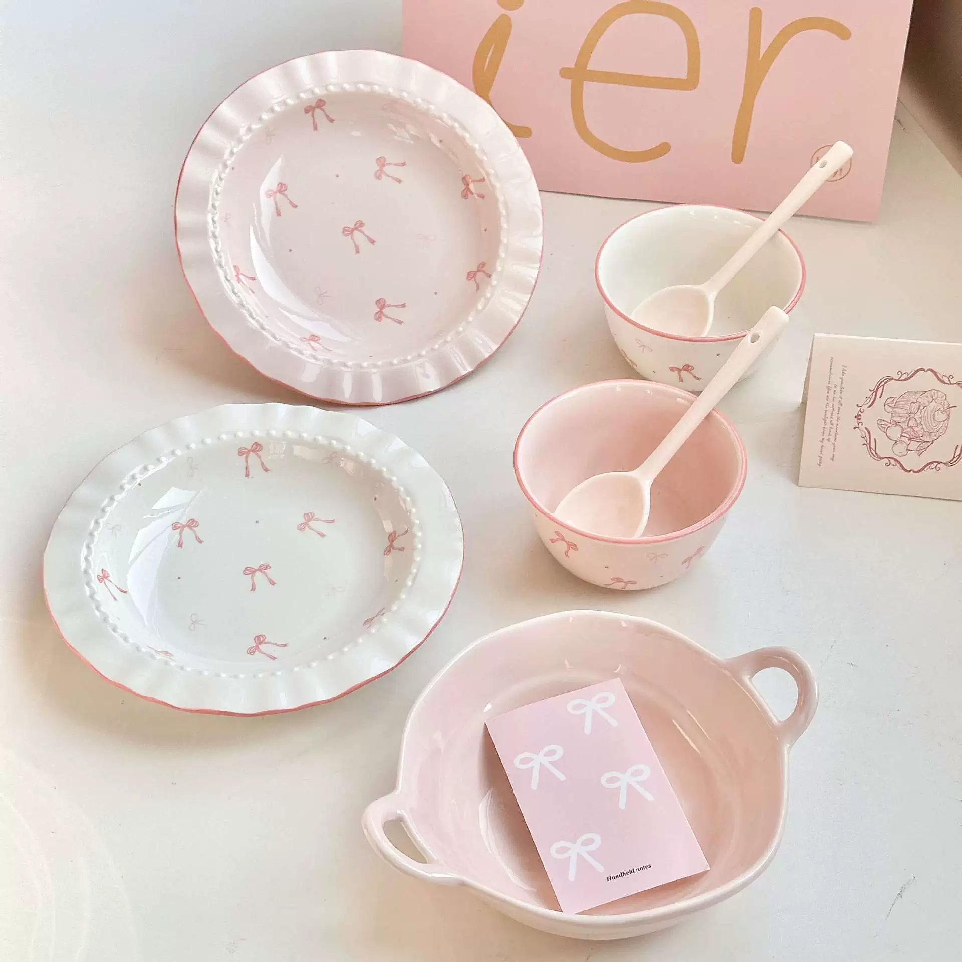 Ceramic Tableware Set (Fuchsia) with Bow Motif, Home Dining, Assorted Pieces