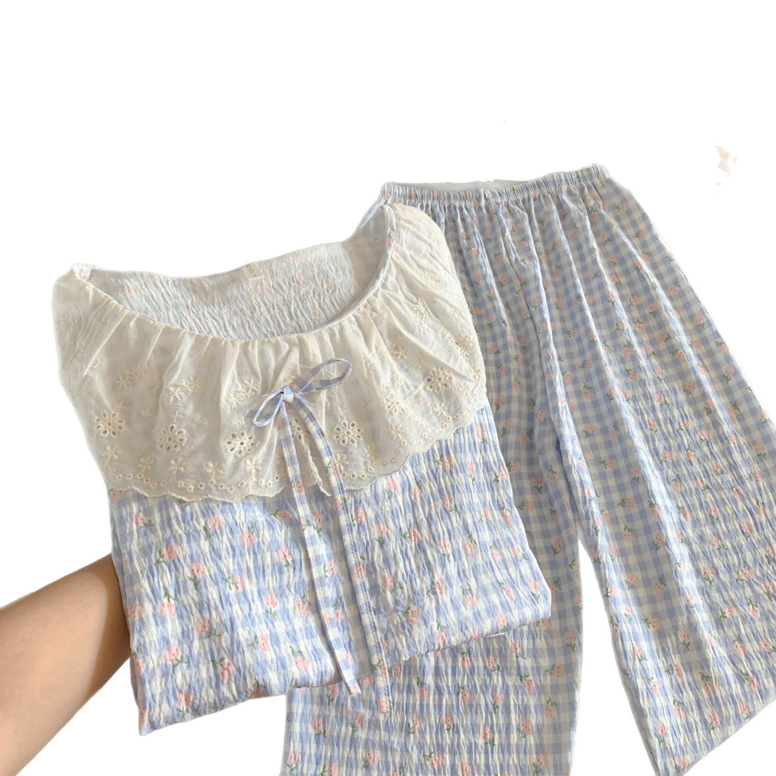 Comercio extranjero transfronterizo explosivo conjunto de tres piezas pijamas de mujer mangas cortas pantalones cortos pantalones largos dulces con la solapa de encaje ropa para el hogar