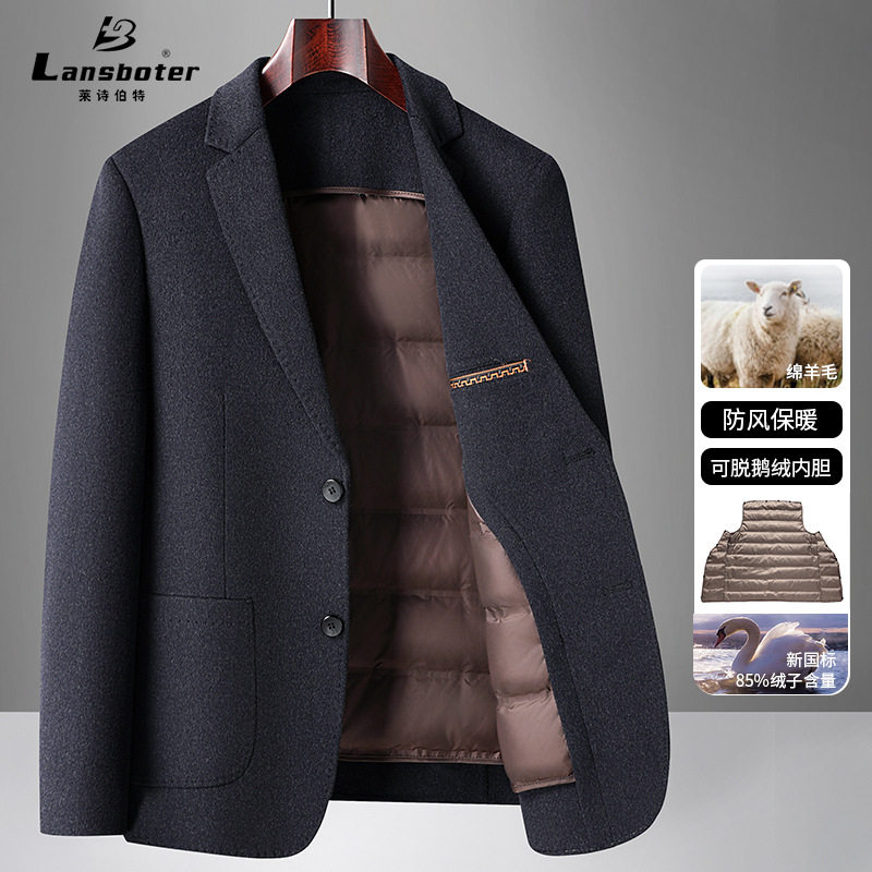 Áo vest nam len hai lớp lót lông ngỗng tháo rời, form ôm vừa, tay dài, cổ vest — Cà phê xám, Màu xanh hải quân đậm, con lạc đà, màu xám
