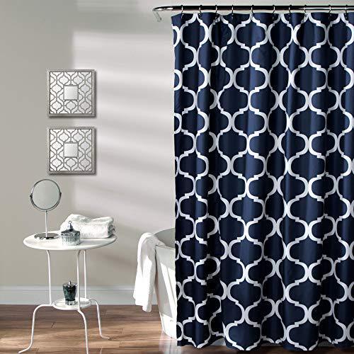 Bold Plaid Print Soft Navy Fabric Washable and Durable Bathroom Shower Curtain Set with Hooks