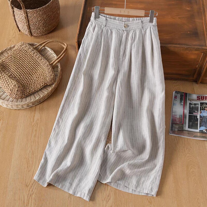 Striped Casual Wide-Leg Pants for Women 2025 New Summer Thin High-Waist Slim Loose Nine-Point Straight Pants Linen Pants