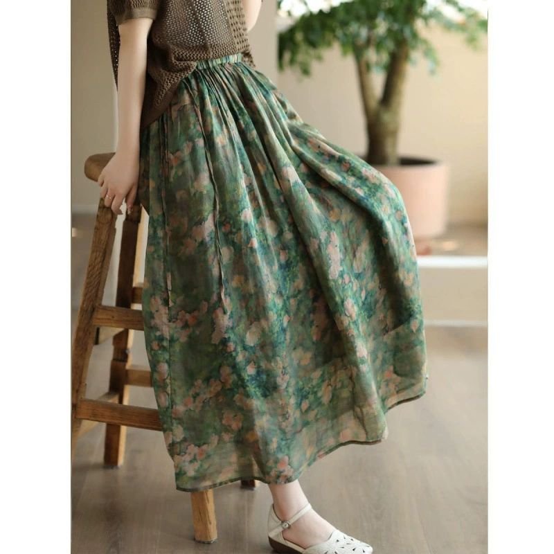 Корейская и японская двухслойная юбка с принтом и вырезом брендовой этикетки, элегантная летняя юбка из рами с широким подолом.