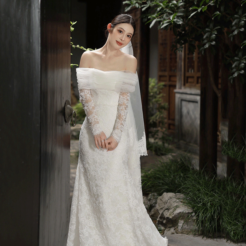 Women's Clothing lace long sleeved light wedding dress new bride one shoulder forest style out door yarn retro fishtail dress skirt_voghion.com