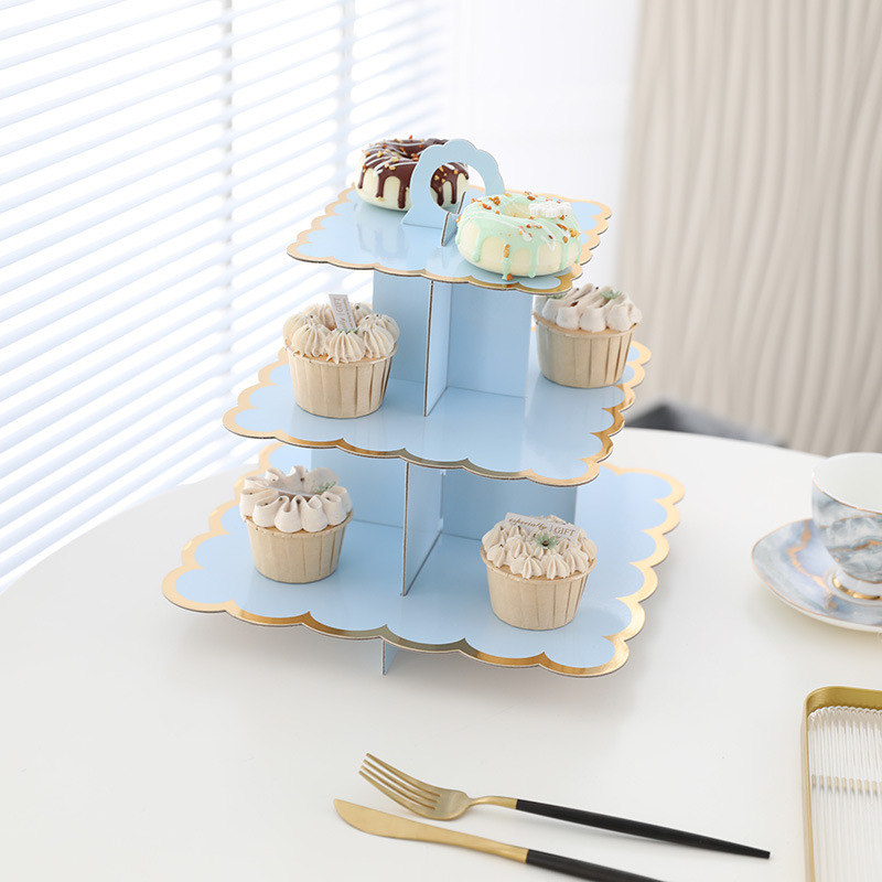 使い捨て多層紙ケーキスタンド誕生日パーティー用品三層ホットスタンピングデザートテーブルケーキオーナメント装飾|undefined
