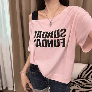 韓国ファッションワンラインベベルオフショルダー半袖Tシャツレディース2025年夏新デザイン超見栄えの良いユニークトップ|undefined