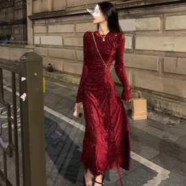 1993小香风红色连衣裙女秋冬新款修身显瘦服婚礼法式长裙子
