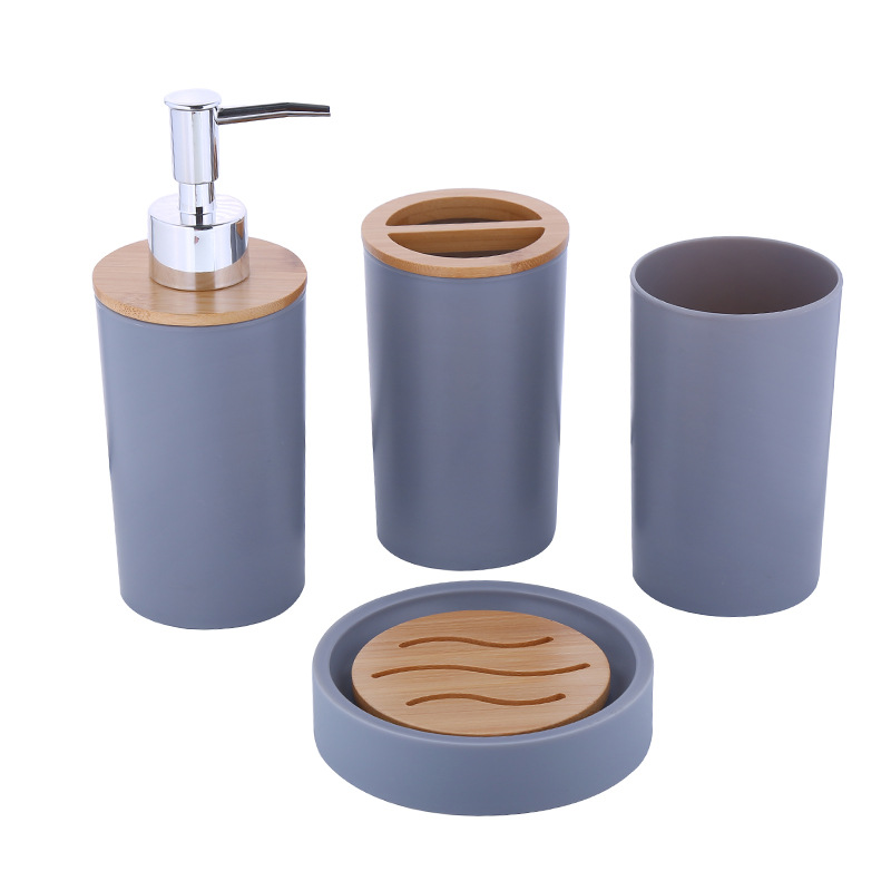Juego de baño, juego de baño de 4 piezas, juego de baño con tapa de bambú, juego de rebanadas de bambú para baño, dispensador de jabón, soporte para cepillos de dientes, baño.